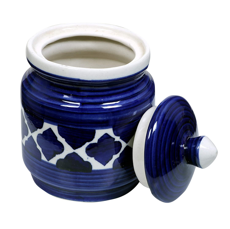 RAJ Royal Hand Painted Ceramic Cornichon Storage Jar for Pickle, Dry items White Pottery Dry Food Storage Container Donga with Lid For Kitchen, Home - Multipurpose Storage Canister (Blue) - 500 Grams