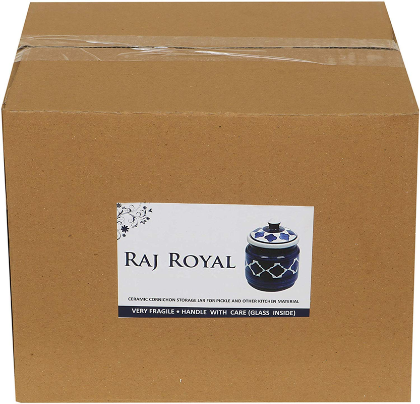 RAJ Royal Hand Painted Ceramic Cornichon Storage Jar for Pickle, Dry items White Pottery Dry Food Storage Container Donga with Lid For Kitchen, Home - Multipurpose Storage Canister (2KG, Blue2)